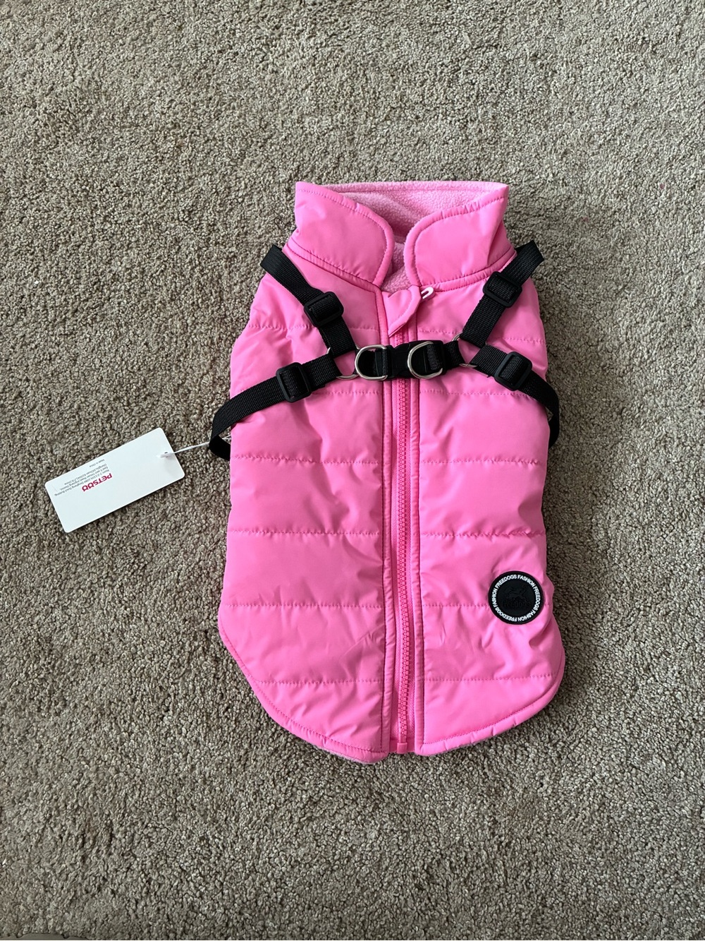 Pink Puffer Dog Vest with Built-In Harness